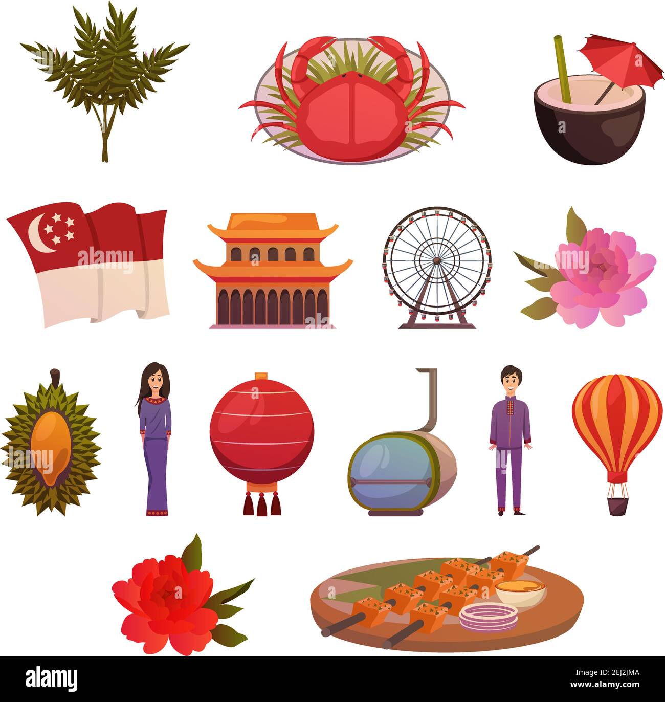 Singapour gastronomie sites touristiques attractions orthogonales colorés icônes ensemble avec bâtiment du musée des sciences et illustration du vecteur de la boîte de crabe Illustration de Vecteur