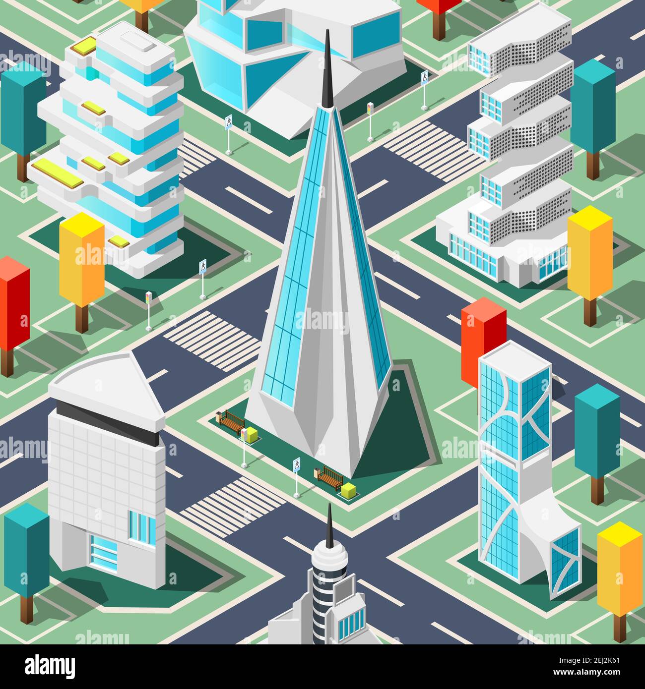 Arrière-plan futuriste de la ville avec éléments et éléments d'architecture et des bâtiments de formes différentes illustration de vecteur isométrique Illustration de Vecteur