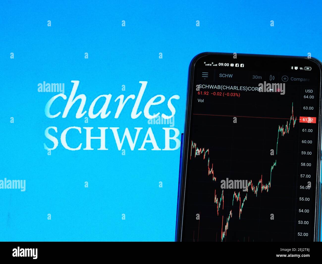 Ukraine. 21 février 2021. Dans cette illustration, le graphique boursier de Charles Schwab Corporation est affiché sur un smartphone avec le logo de Charles Schwab Corporation en arrière-plan. Credit: Igor Golovniov/SOPA Images/ZUMA Wire/Alamy Live News Banque D'Images