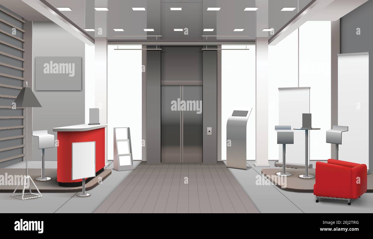 Intérieur du lobby design réaliste avec comptoir de réception, fauteuil rouge, table avec tabourets, bannières vides, illustration de vecteur d'ascenseur Illustration de Vecteur