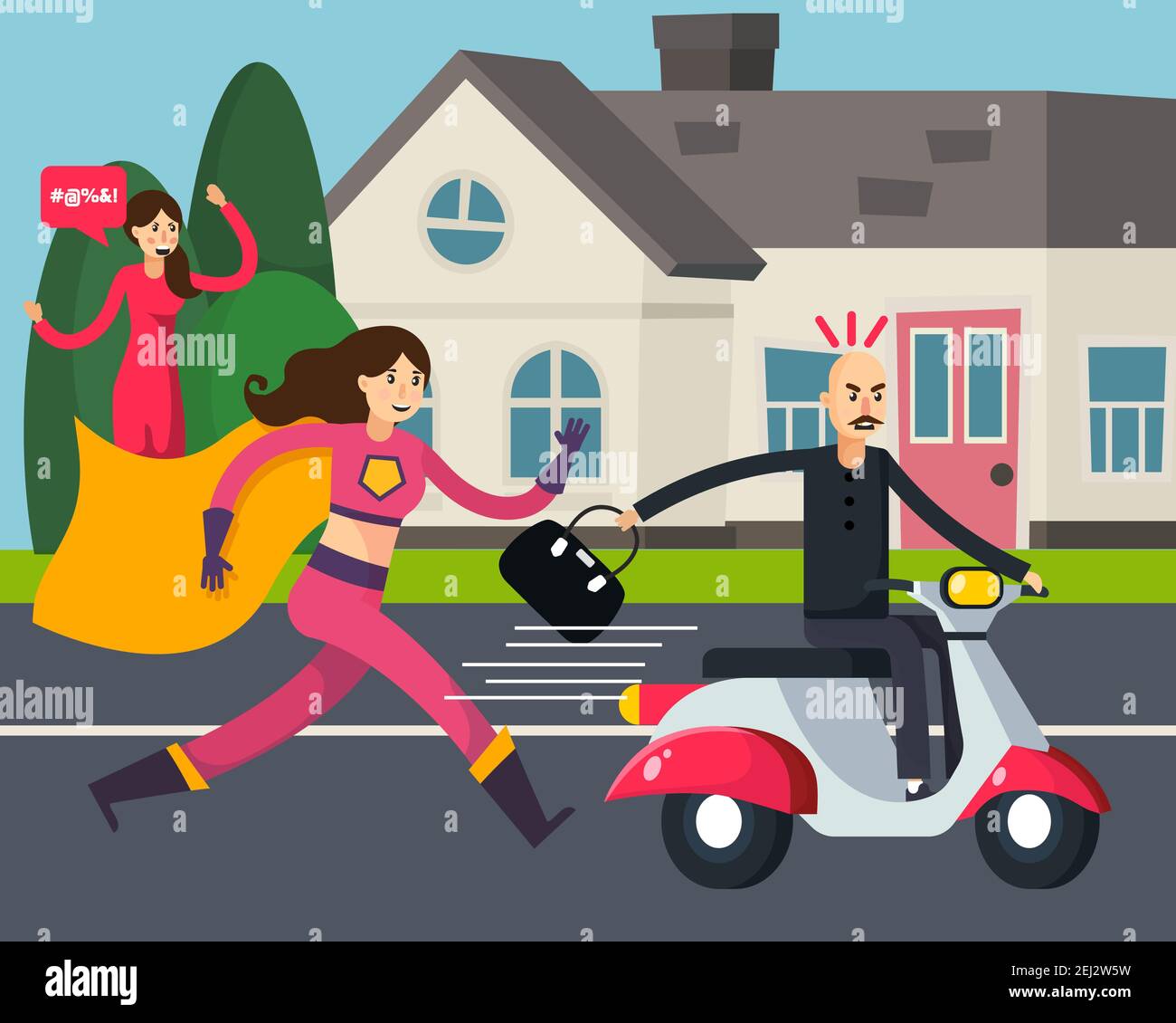 Super-héros composition orthogonale avec la femme en train de courir dans le manteau et le voleur avec sac volé sur l'illustration du vecteur de scooter Illustration de Vecteur