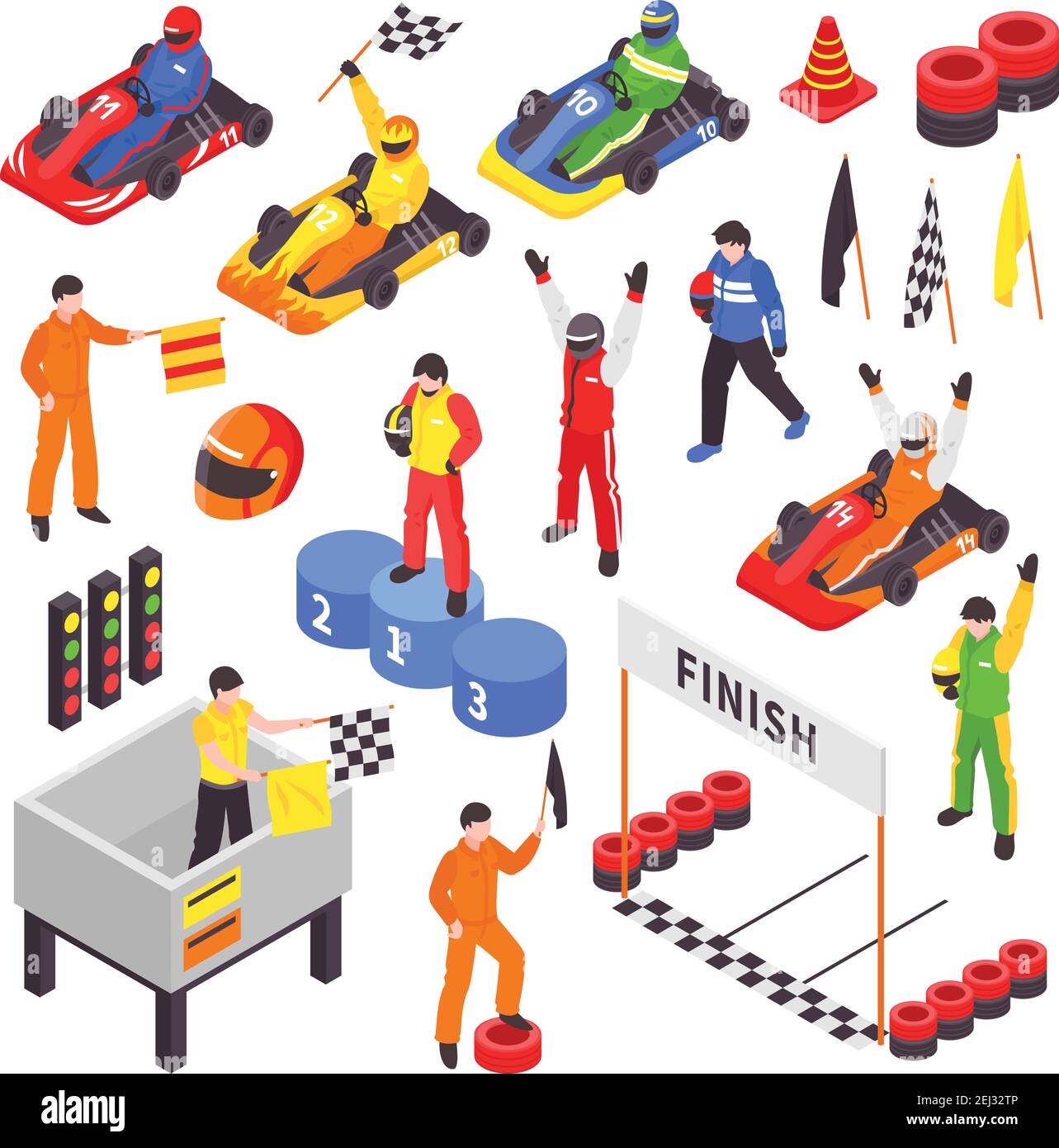 Ensemble d'éléments de sport de carting isométriques avec images isolées de coureurs drapeaux avec illustration uniforme et vecteur de course Illustration de Vecteur