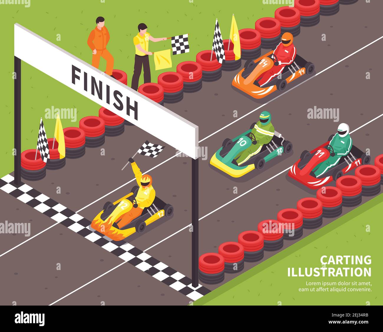 Composition de carting isométrique avec vue sur le parcours de course extérieur et pilotes de course à pied avec illustration vectorielle textuelle Illustration de Vecteur