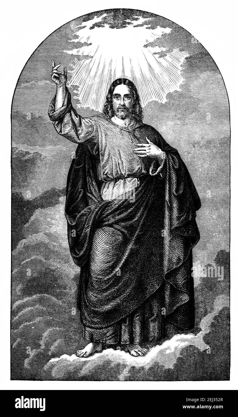 Jésus Christ dans le ciel. Illustration ou dessin ancien vintage. Bible, Nouveau Testament. Banque D'Images