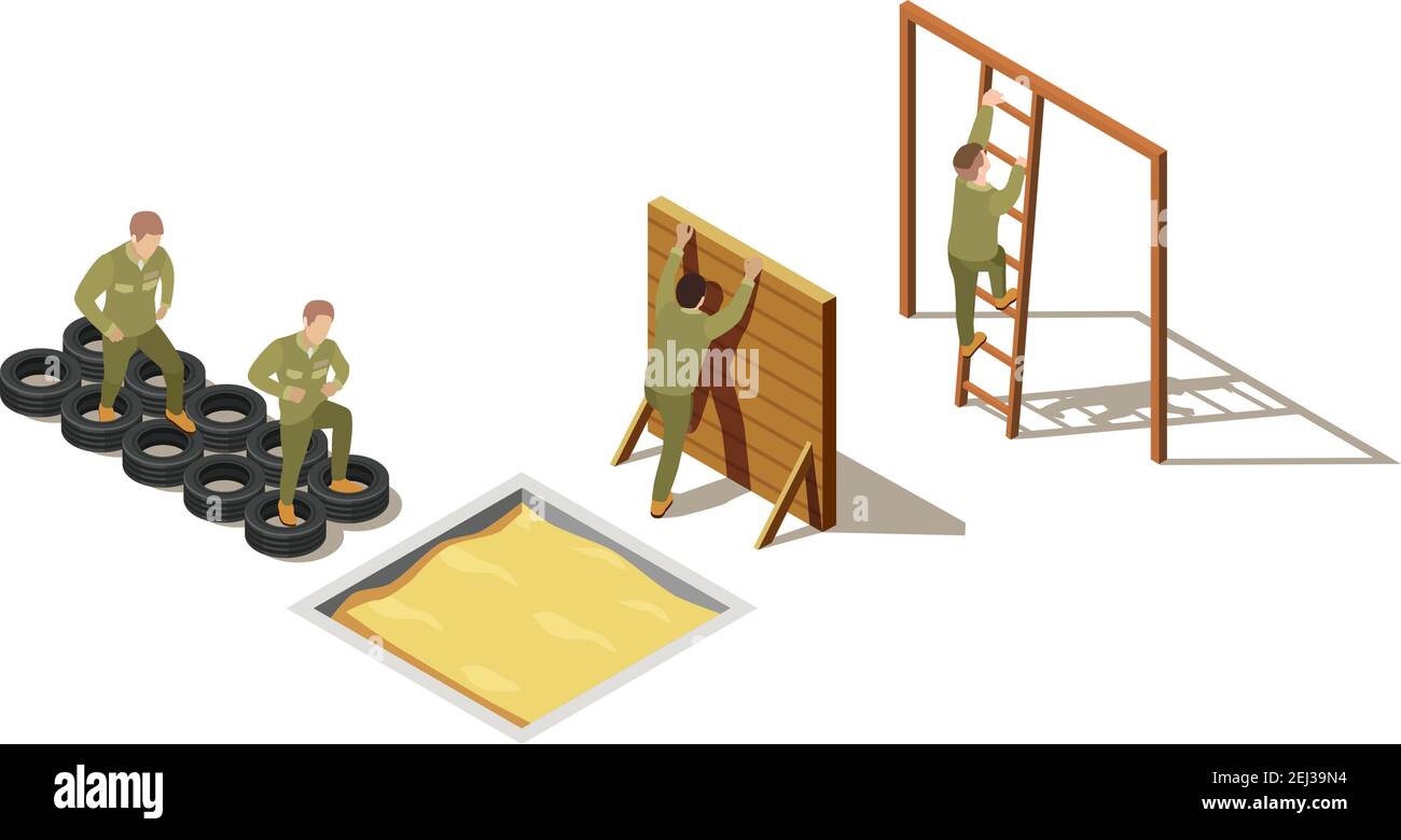 Le personnel militaire primaire recrute des exercices d'entraînement physique avec des pneus et exercices d'escalade illustration vectorielle de composition isométrique Illustration de Vecteur