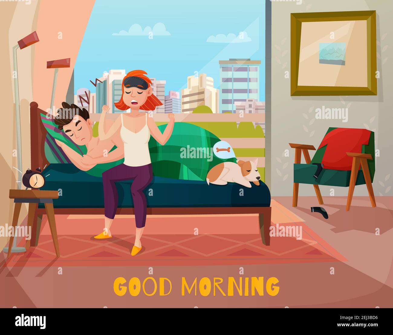 Réveil matinal de la scène de couple avec l'homme endormi, femme bâilling en pyjama sur l'illustration vectorielle de fond de fenêtre Illustration de Vecteur