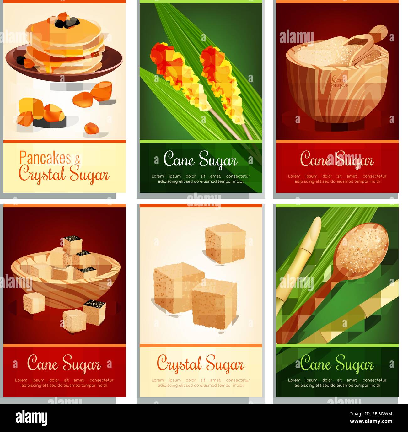 Jeu de cartes verticales avec sucre de canne dans différentes formes, feuilles vertes, vaisselle en bois illustration vectorielle isolée Illustration de Vecteur