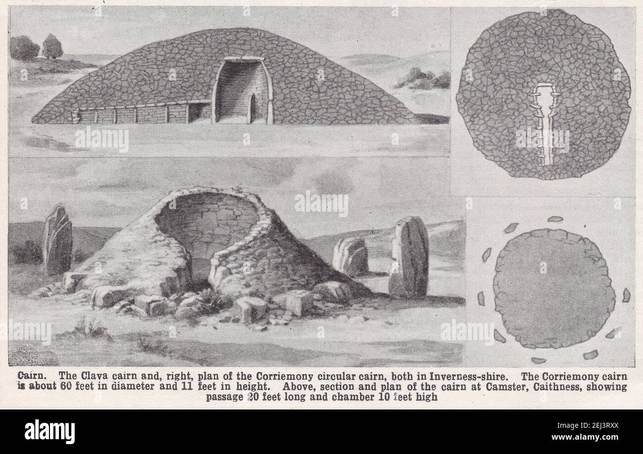 Illustrations anciennes du Cairn de Clava et plan du Cairn circulaire de Corrimony à Inverness-shire. Banque D'Images