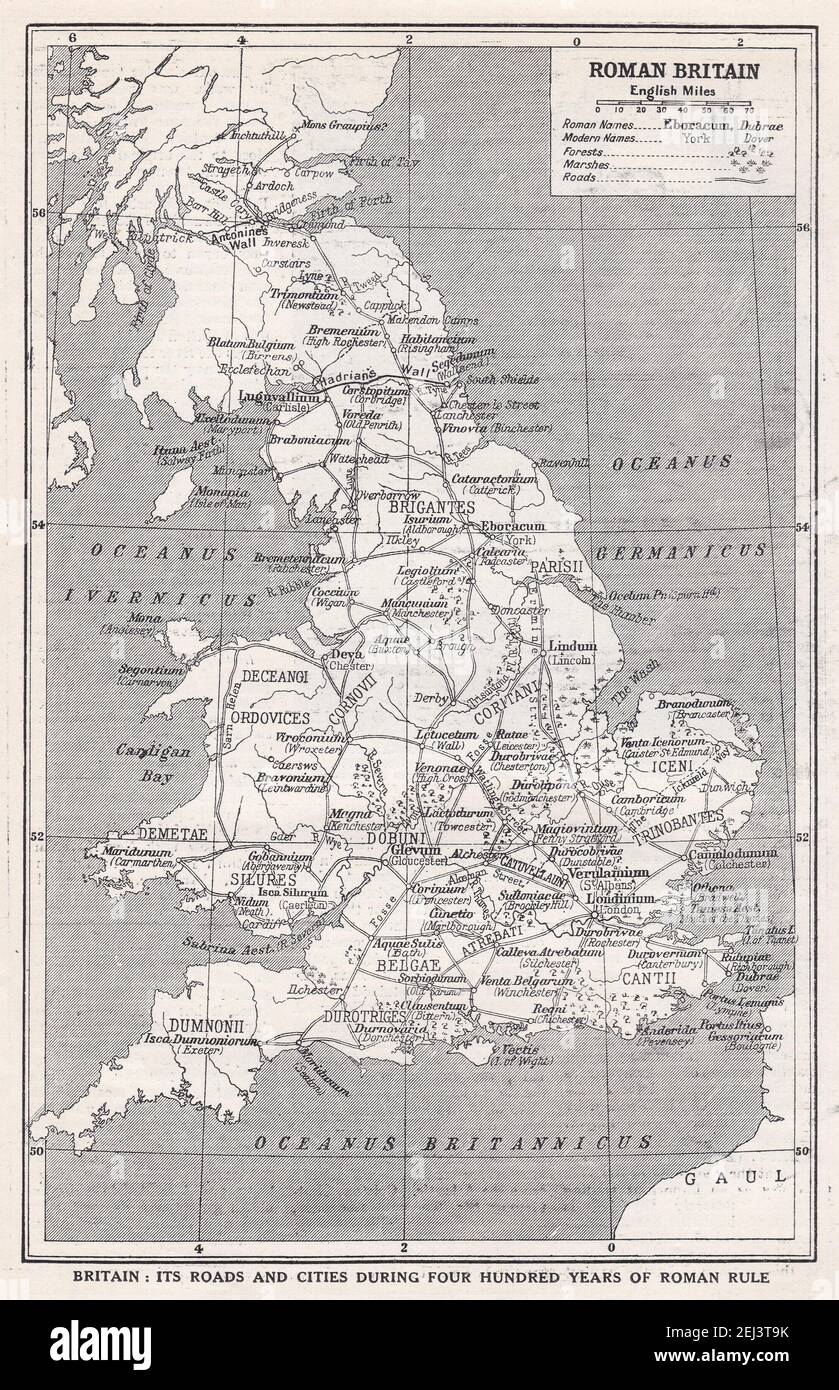 La Grande-Bretagne romaine - carte des routes et des villes pendant quatre cents ans de règle romaine. Banque D'Images