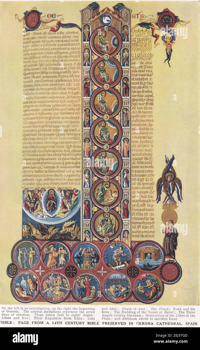 Bible - page d'une bible du XIVe siècle conservée dans la cathédrale de Gerona, en Espagne. Banque D'Images