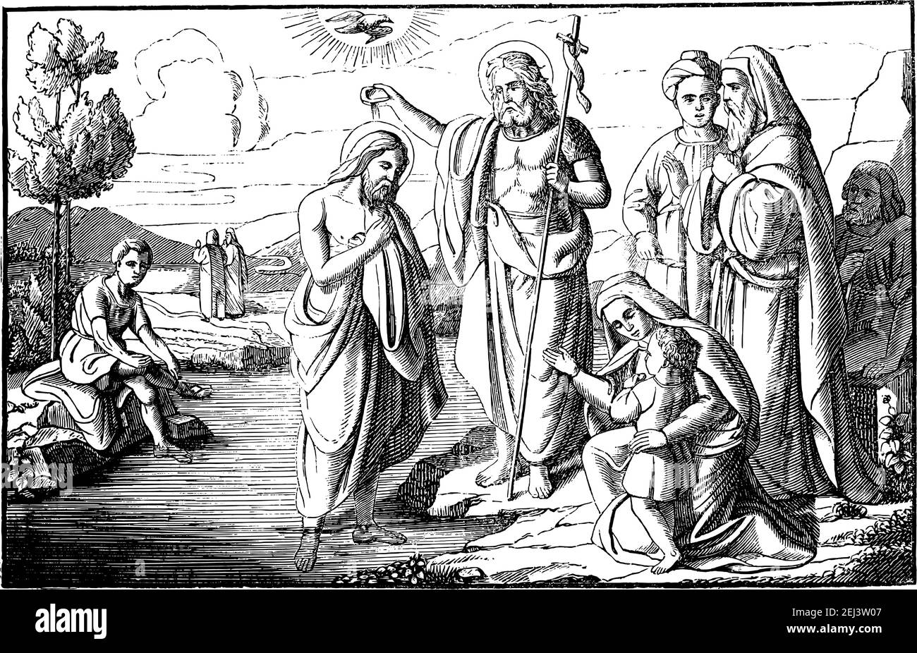 Jean-Baptiste baptisant Jésus-Christ dans le fleuve Jourdain. Dessin ancien vintage. Bible, Nouveau Testament, Matthieu 3. Illustration de Vecteur