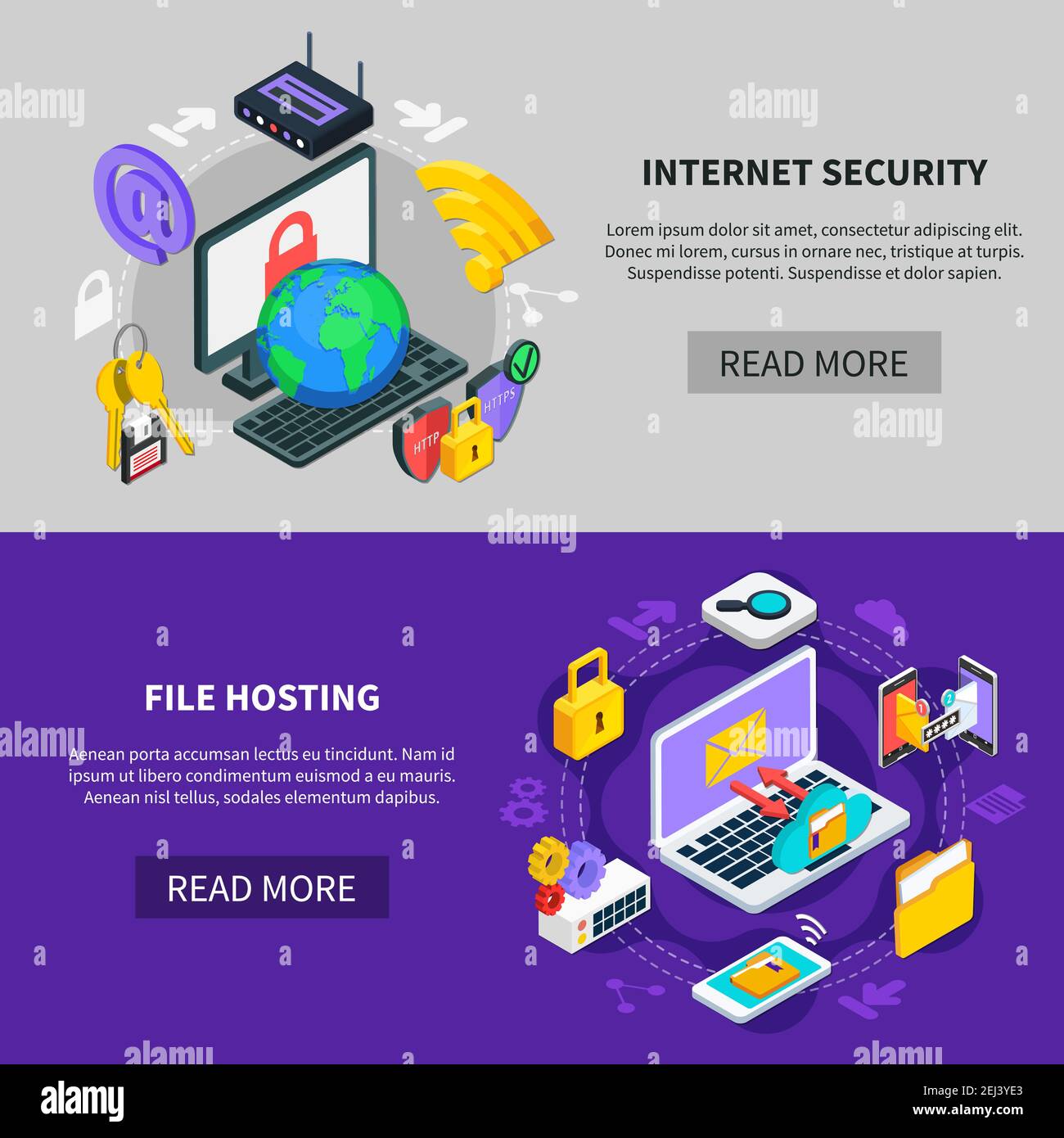 Sécurité Internet et hébergement de fichiers bannières horizontales avec icônes affichées illustration vectorielle isométrique des services d'échange et de protection de données Illustration de Vecteur