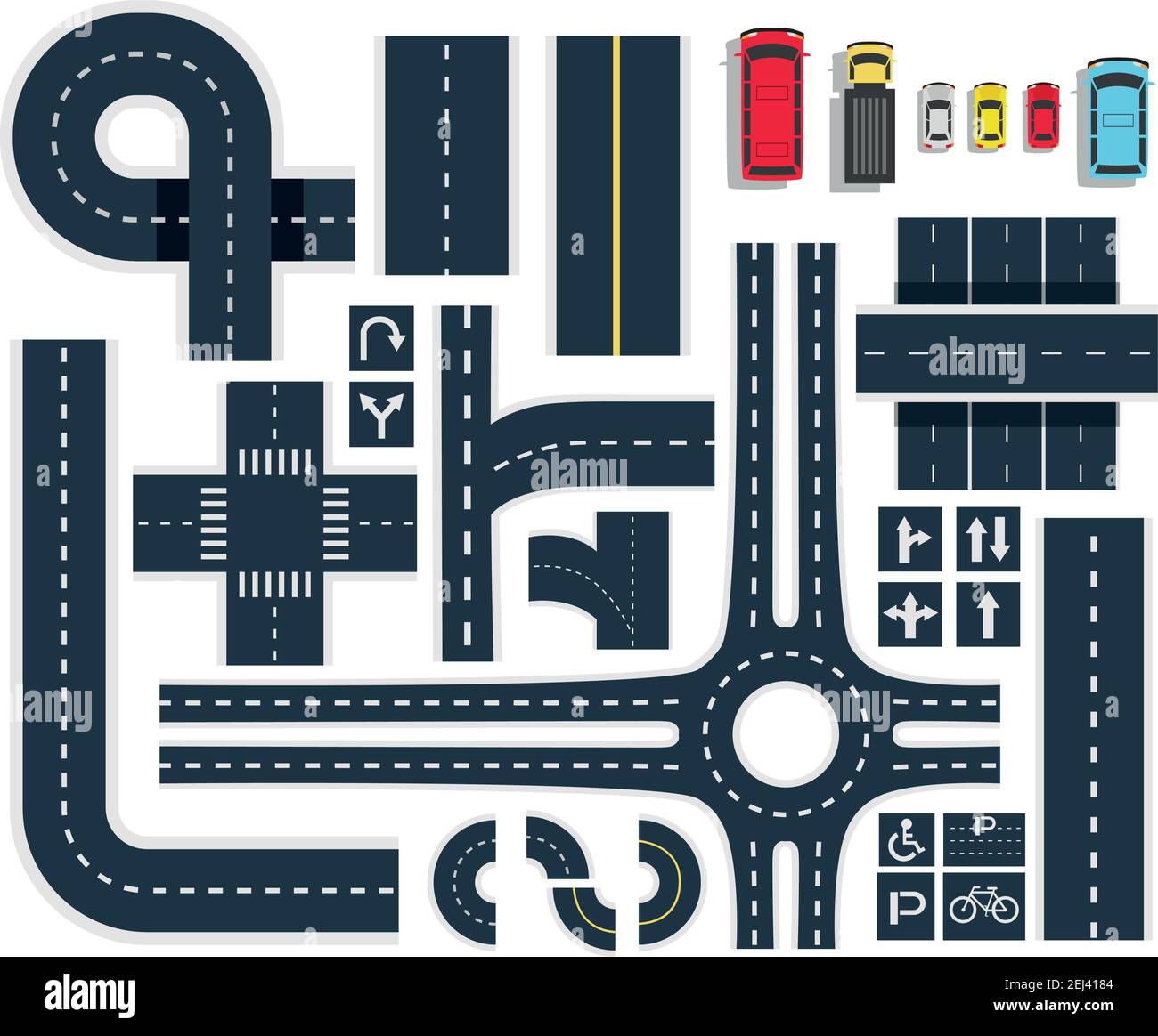 Noir blanc routes intersections éléments vue de dessus avec panneaux de signalisation et les icônes de véhicules colorées définissent l'illustration vectorielle Illustration de Vecteur