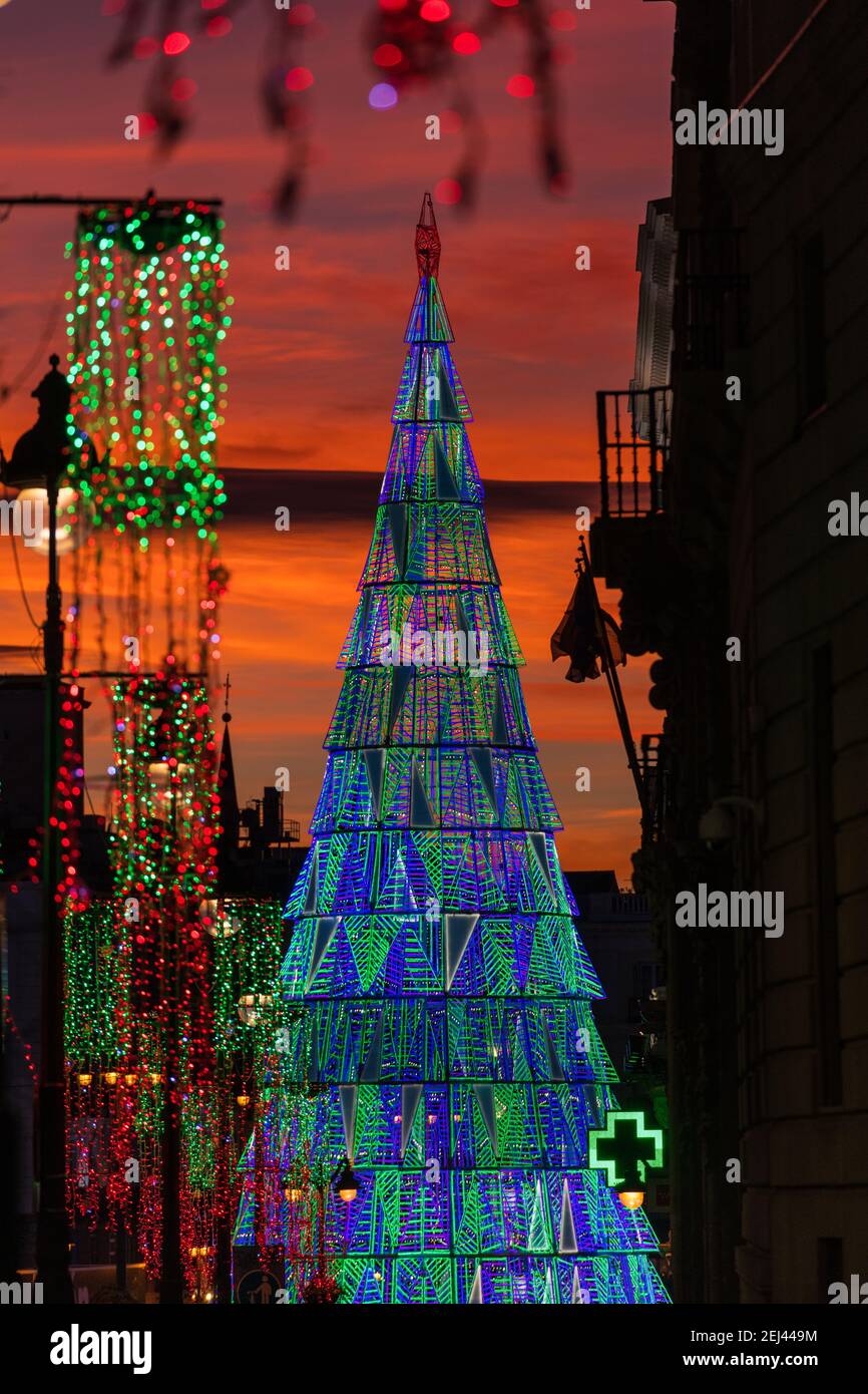 Arbre de Noël illuminé s'élevant au centre de la place Puerta del sol à Madrid au crépuscule. Banque D'Images