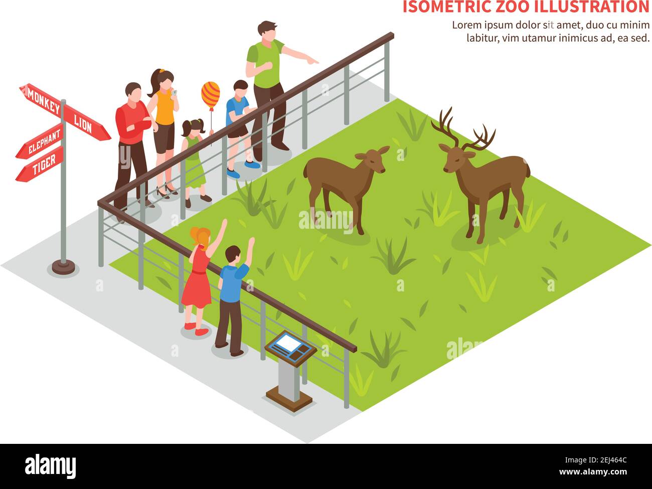 Composition isométrique de zoo avec texte modifiable et images de deers illustration vectorielle sur pelouse pour adultes et enfants Illustration de Vecteur