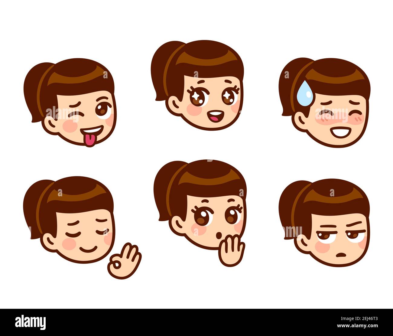 Joyeux visage de fille excitée avec des yeux étincelants. Adorable personnage animé emoji. Illustration de clip art vectoriel isolée. Illustration de Vecteur