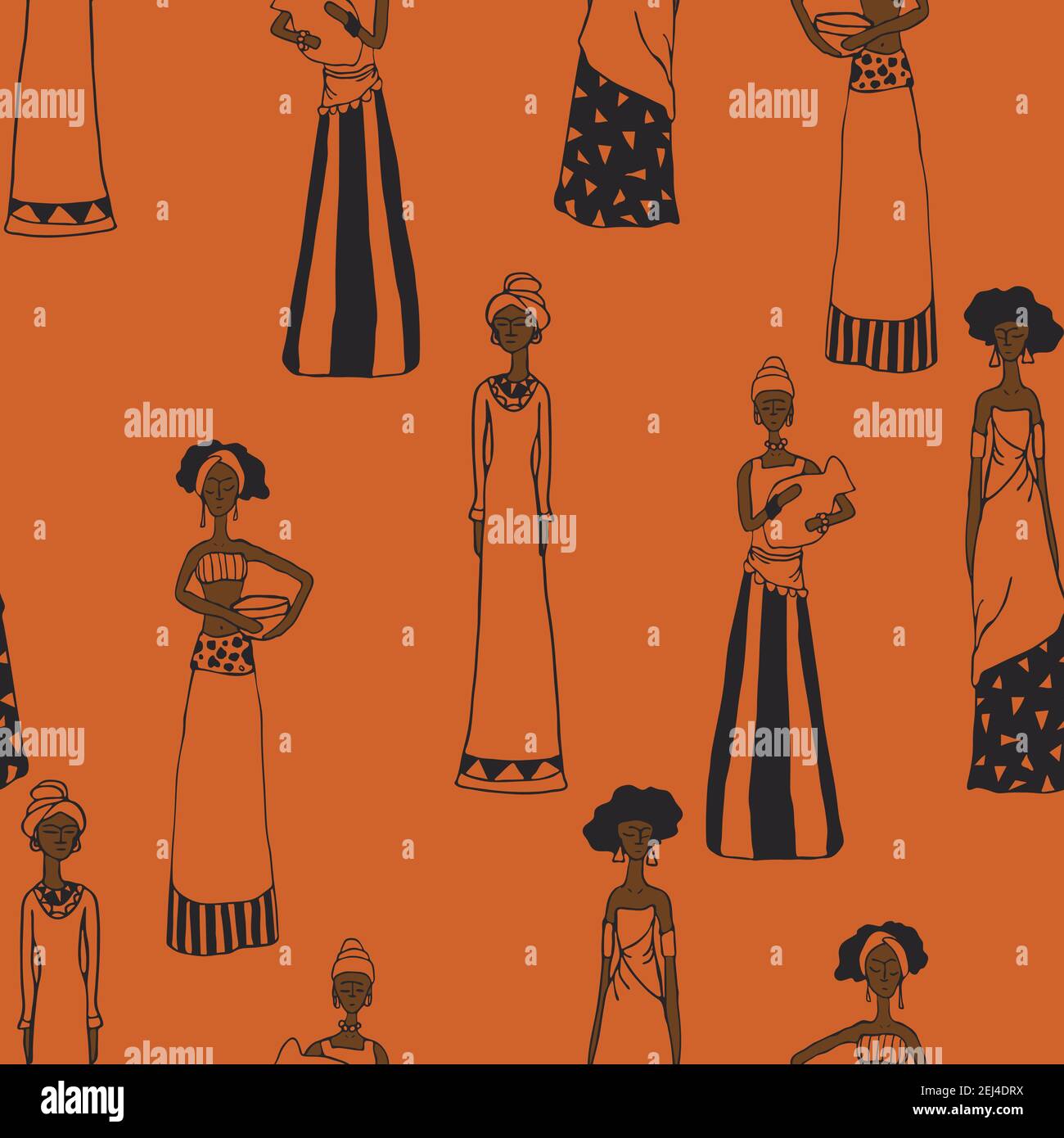 Motif vectoriel sans couture avec des femmes sur fond orange. Magnifique papier peint africain. Textile de mode silhouette humaine simple. Illustration de Vecteur
