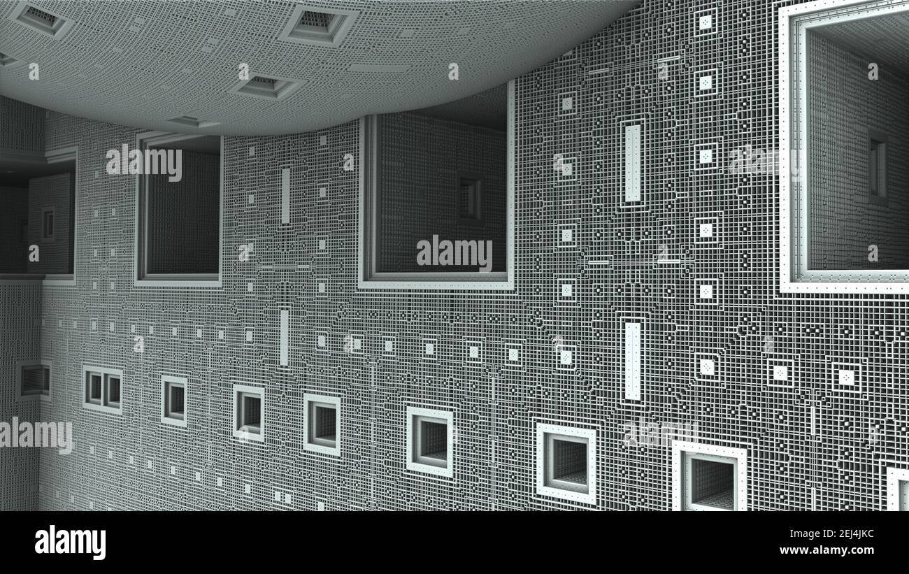 Paroi fractale 3D avec fenêtres et coffre-fort. Architecture mathématique avec forme et motif récursifs. Banque D'Images
