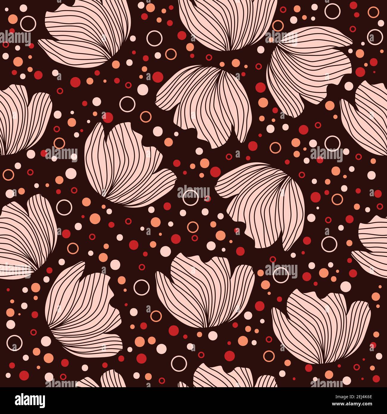 Motif fleuri avec silhouettes fleuries, pois et petits cercles sur fond marron Illustration de Vecteur