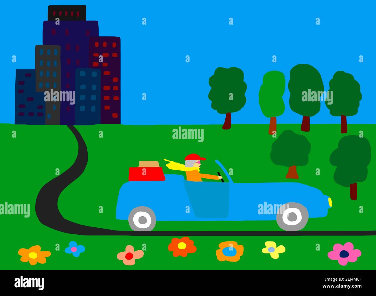 Illustration naïve, dessin d'enfant, homme dans le sport convertible laissant la ville sur le chemin des vacances Banque D'Images