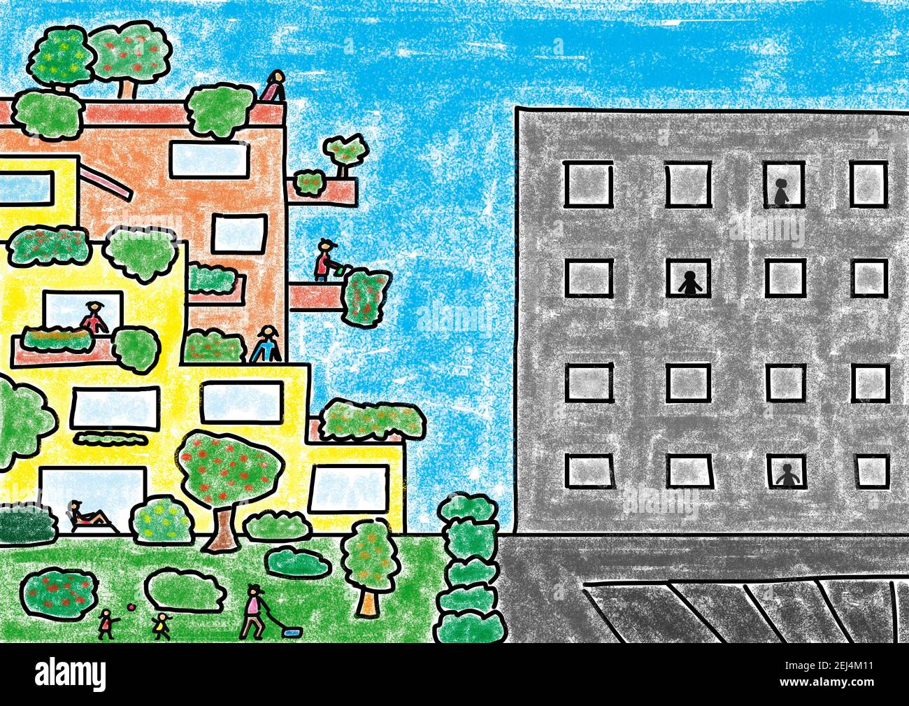 Illustration naïve, dessin d'enfant, maison d'appartement avec des jardins sur le toit à côté de l'immeuble d'appartement desolate Banque D'Images