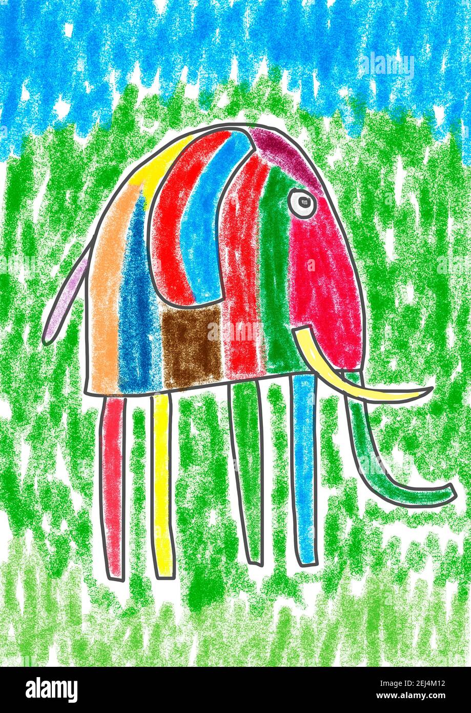 Illustration naïve, dessin d'enfants, éléphant coloré, animal safari, Autriche Banque D'Images