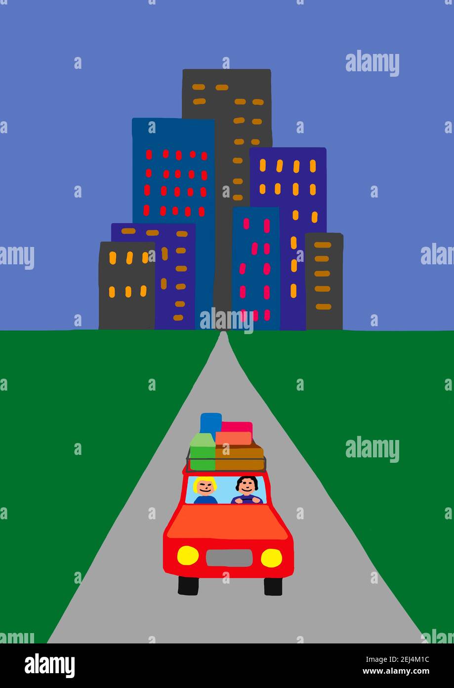 Illustration naïve, dessin d'enfants, famille avec voiture quittant la ville sur le chemin des vacances Banque D'Images