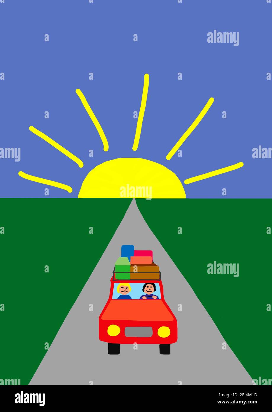 Illustration naïve, dessin d'enfant, famille avec voiture au lever du soleil sur le chemin des vacances Banque D'Images