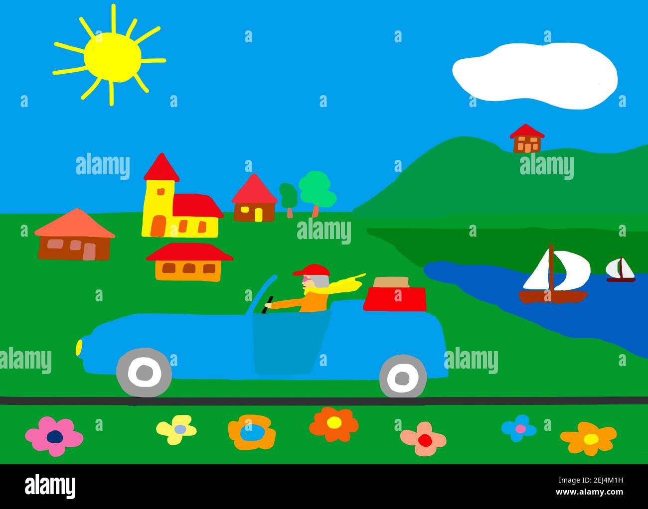 Illustration naïve, dessin d'enfant, homme dans le sport convertible sur le chemin de vacances à la campagne Banque D'Images