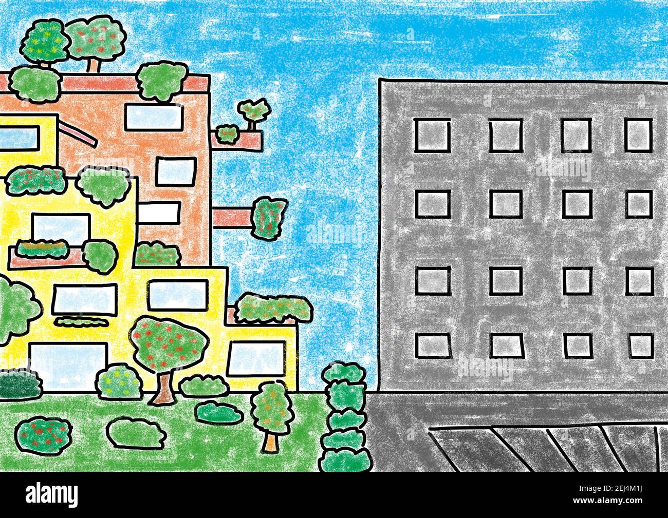 Illustration naïve, dessin d'enfant, maison d'appartement avec des jardins sur le toit à côté de l'immeuble d'appartement desolate Banque D'Images