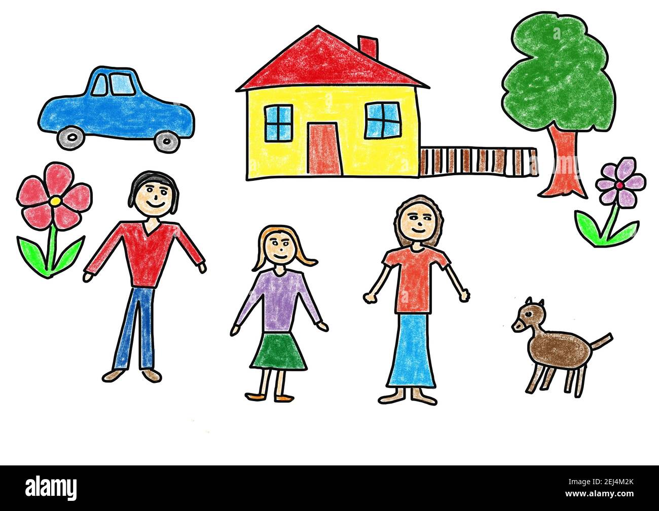 Illustration naïve, dessin d'enfant, famille heureuse debout dans le jardin en face de la maison Banque D'Images