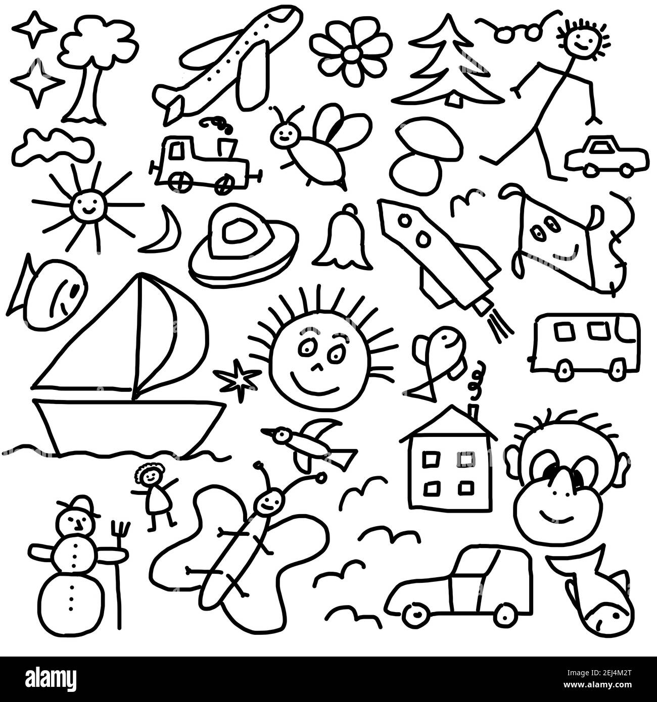 Illustration naïve, enfants dessinant des symboles d'été symboles de voyage et animaux Banque D'Images