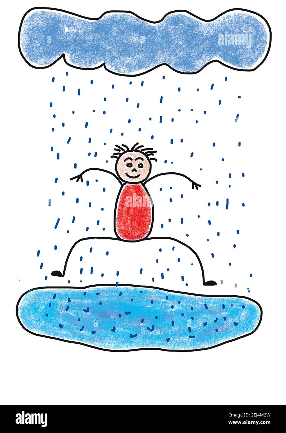 Illustration naïve, dessin d'enfant, enfant sautant dans une flaque d'eau sous la pluie Banque D'Images