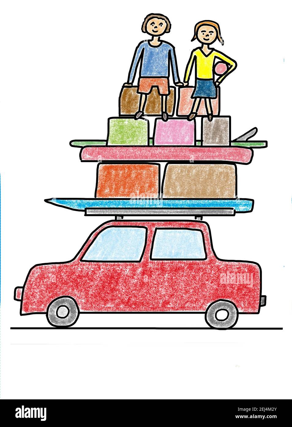 Illustration naïve, dessin d'enfants, voiture entièrement emballée avec des enfants en face de partir en vacances Banque D'Images