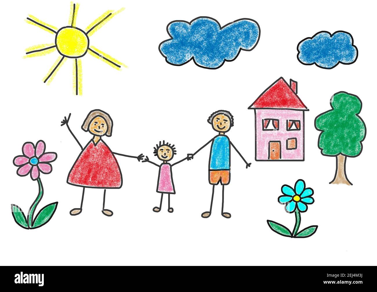 Illustration naïve, dessin d'enfant, famille heureuse debout sous le soleil dans le jardin en face de la maison Banque D'Images