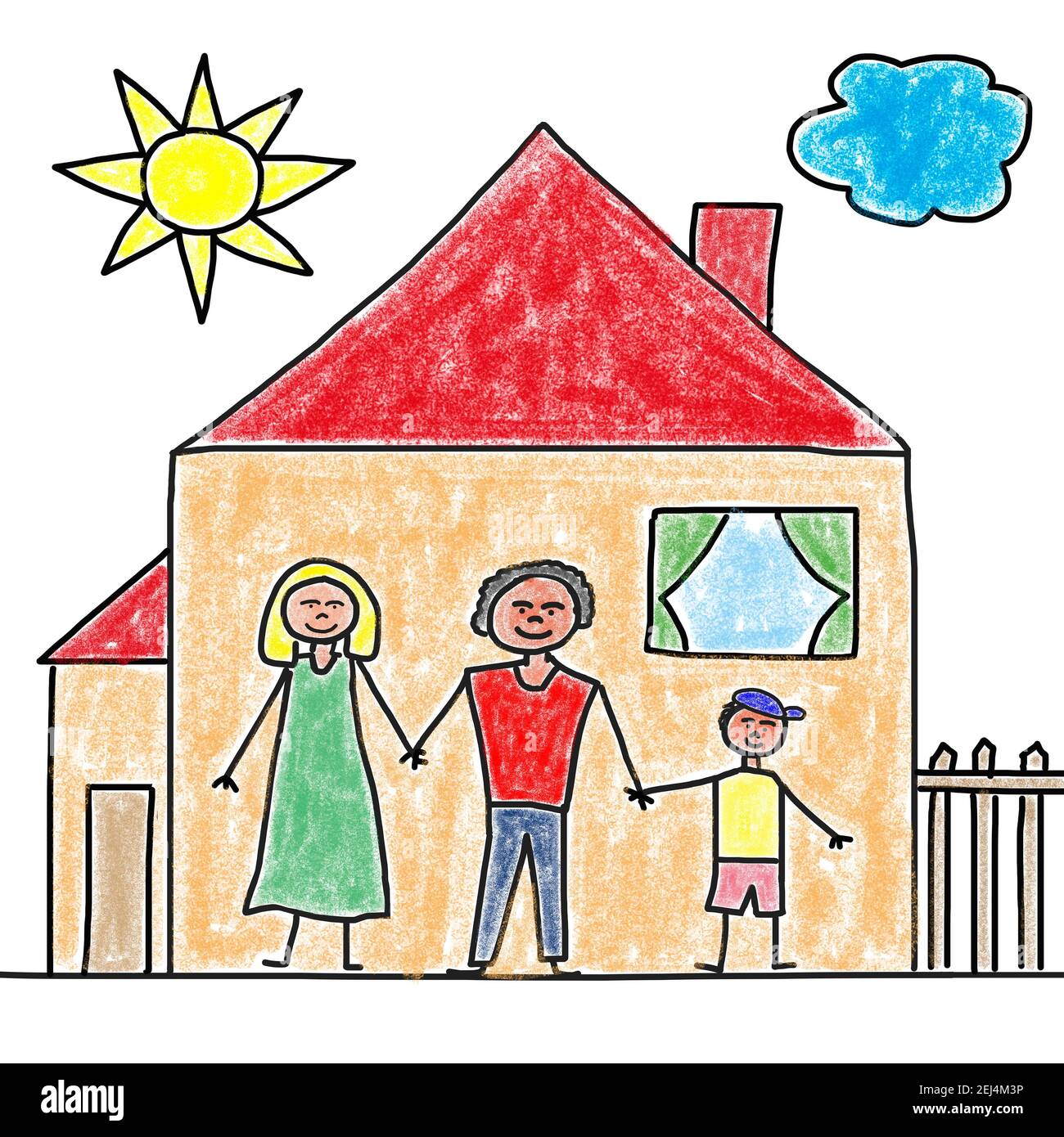 Illustration Naive Dessin D Enfant Famille Heureuse Debout Sous Le Soleil Dans Le Jardin En Face De La Maison Photo Stock Alamy