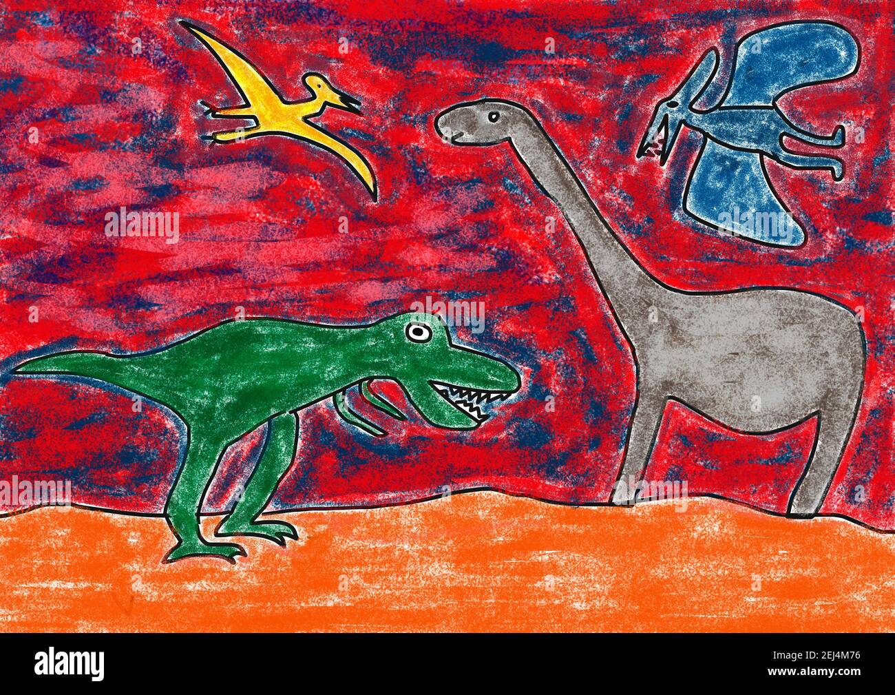 Illustration naïve, dessin d'enfants, différents dinosaures devant le ciel rouge, Autriche Banque D'Images