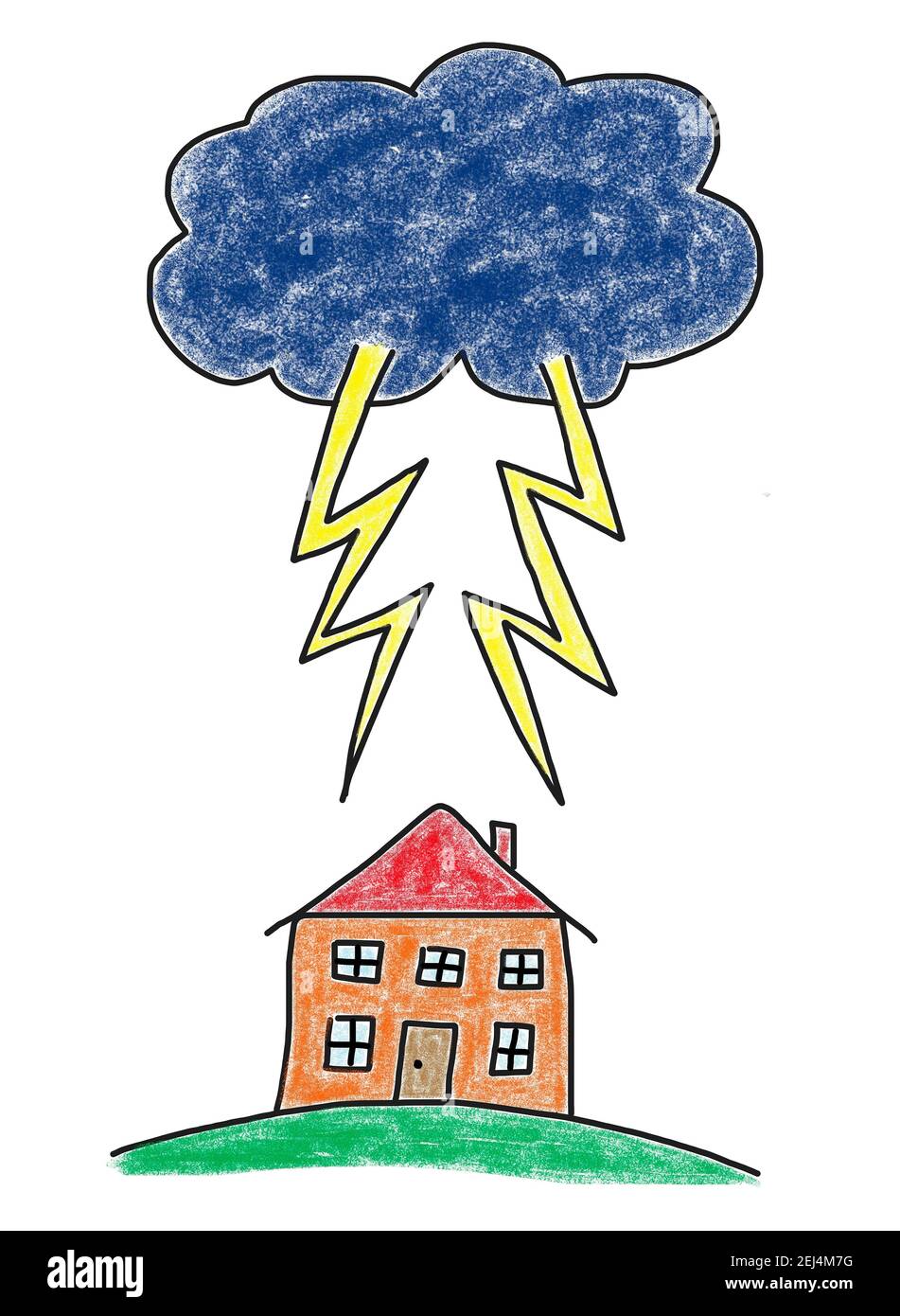 Illustration naïve, dessin pour enfants, orages sombres avec foudre au-dessus d'une maison Banque D'Images