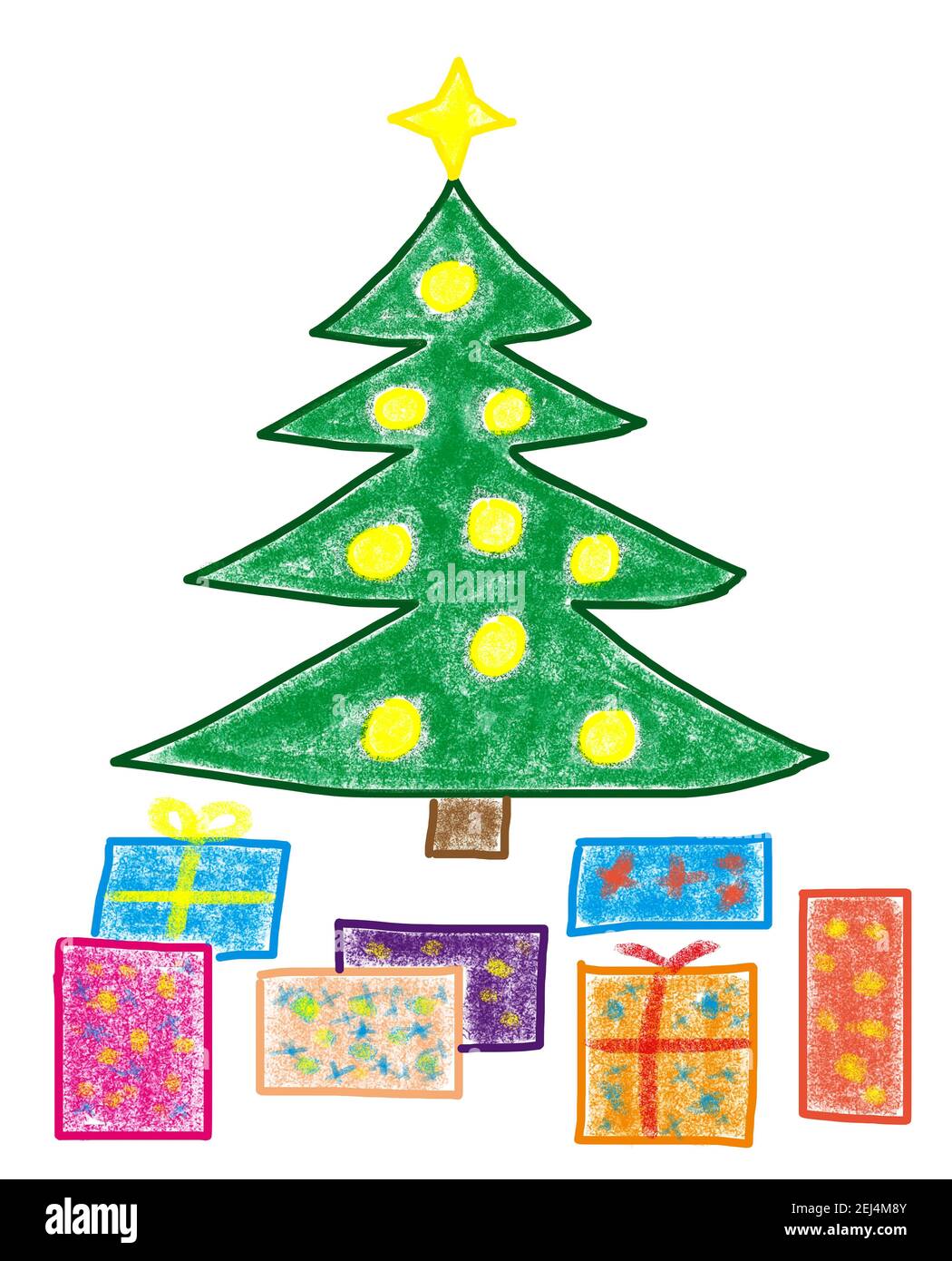 Illustration naïve, dessin d'enfants, arbre de noël avec des cadeaux de noël, noël Banque D'Images