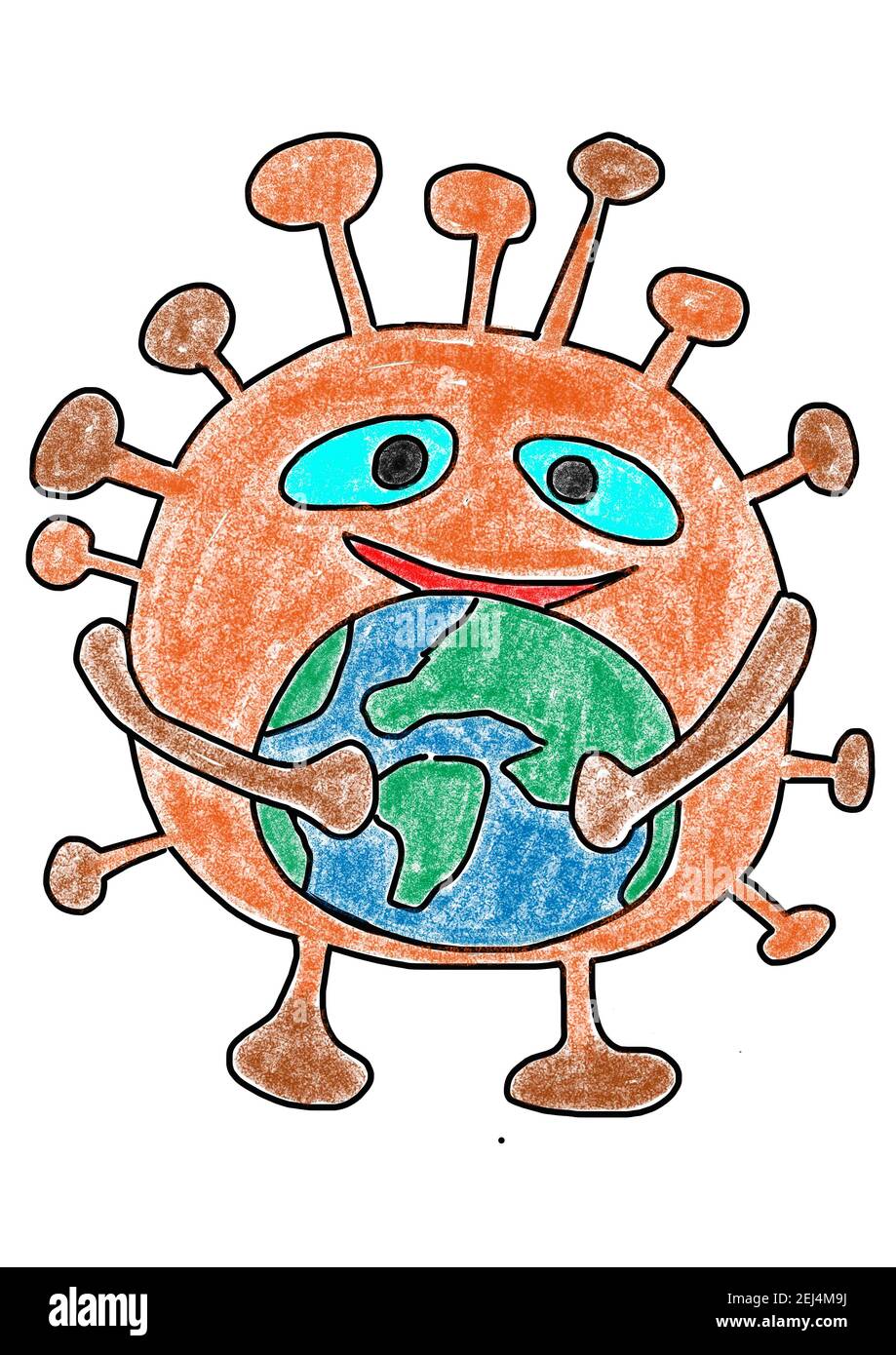 Illustration naïve enfant dessin coronavirus menace la terre Banque D'Images