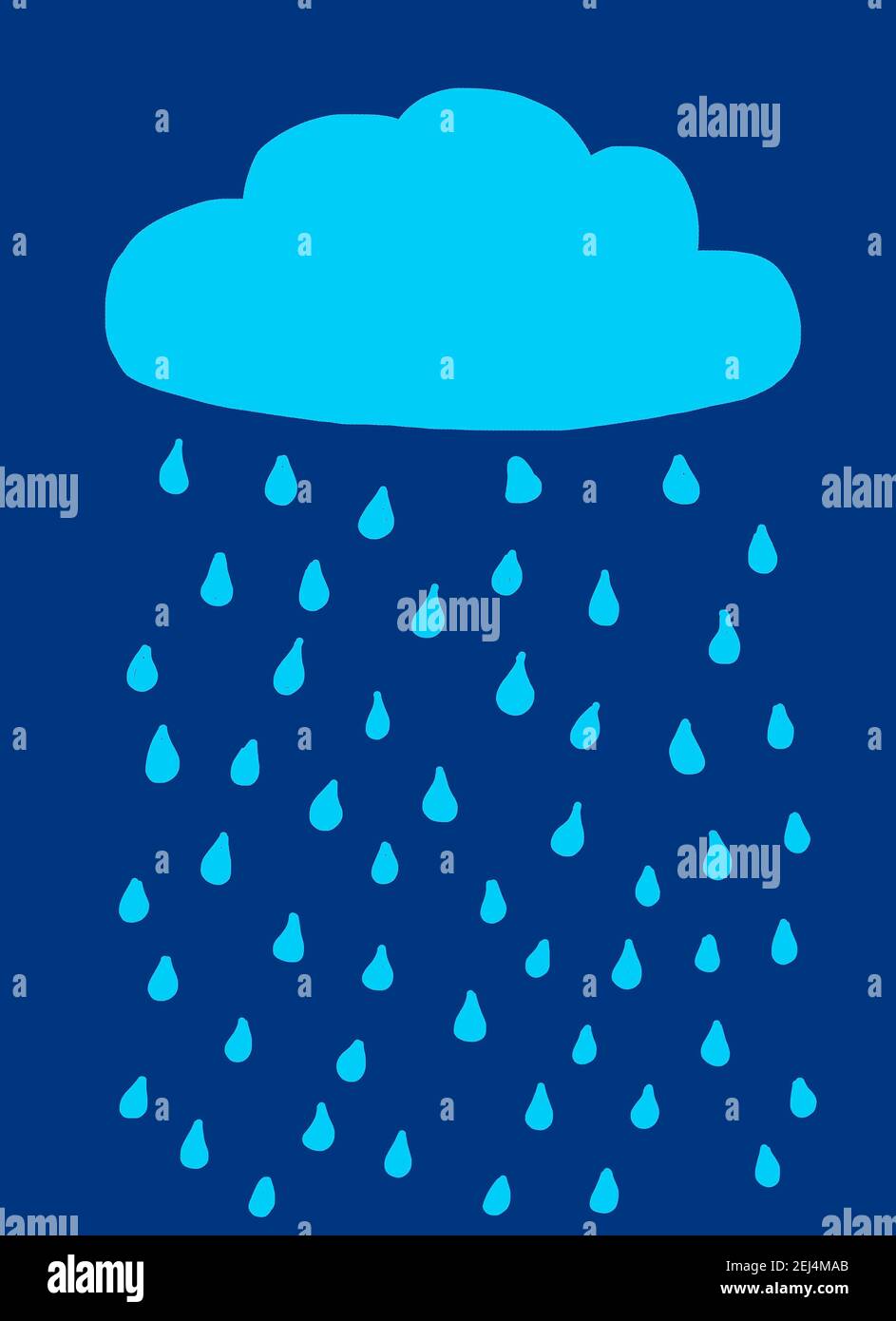 Illustration naïve, dessin d'enfants, nuages de pluie avec gouttes de pluie Banque D'Images