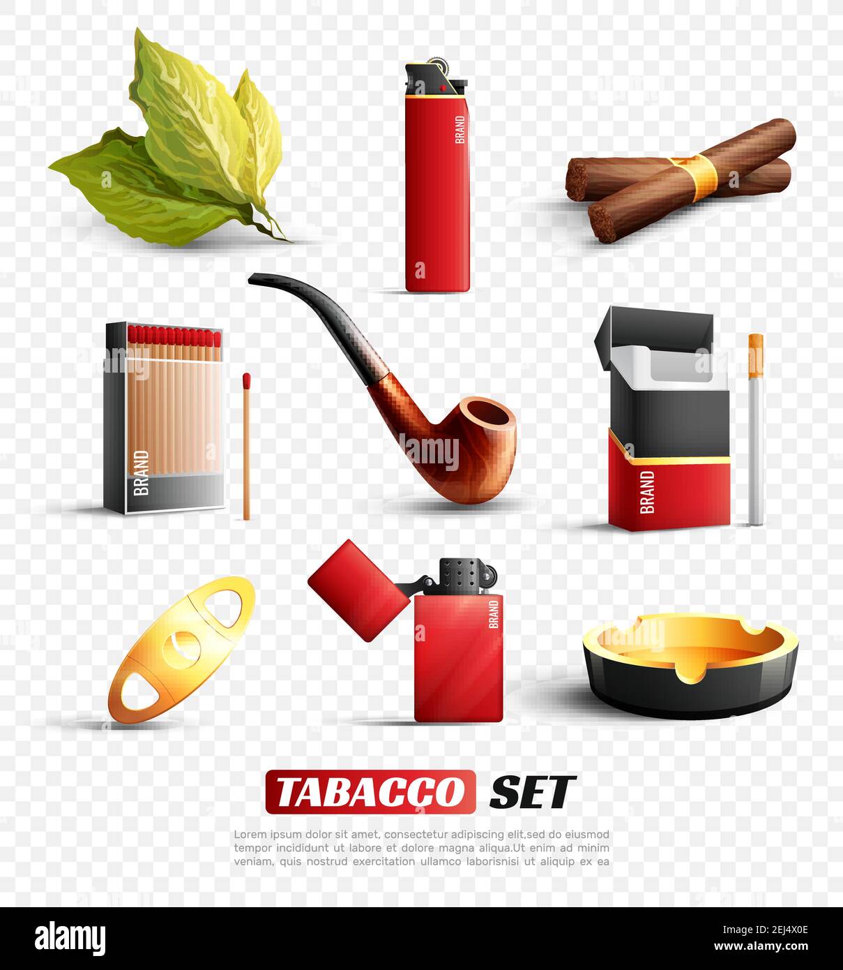 Ensemble de produits et accessoires du tabac, y compris les cigares, les  cigarettes, les briquets et le cendrier, isolés sur une illustration  vectorielle transparente Image Vectorielle Stock - Alamy