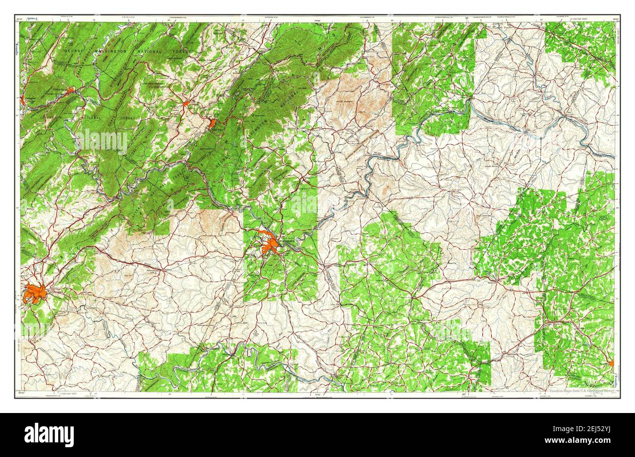 Roanoke, Virginie, carte 1963, 1:250000, États-Unis d'Amérique par Timeless Maps, données U.S. Geological Survey Banque D'Images