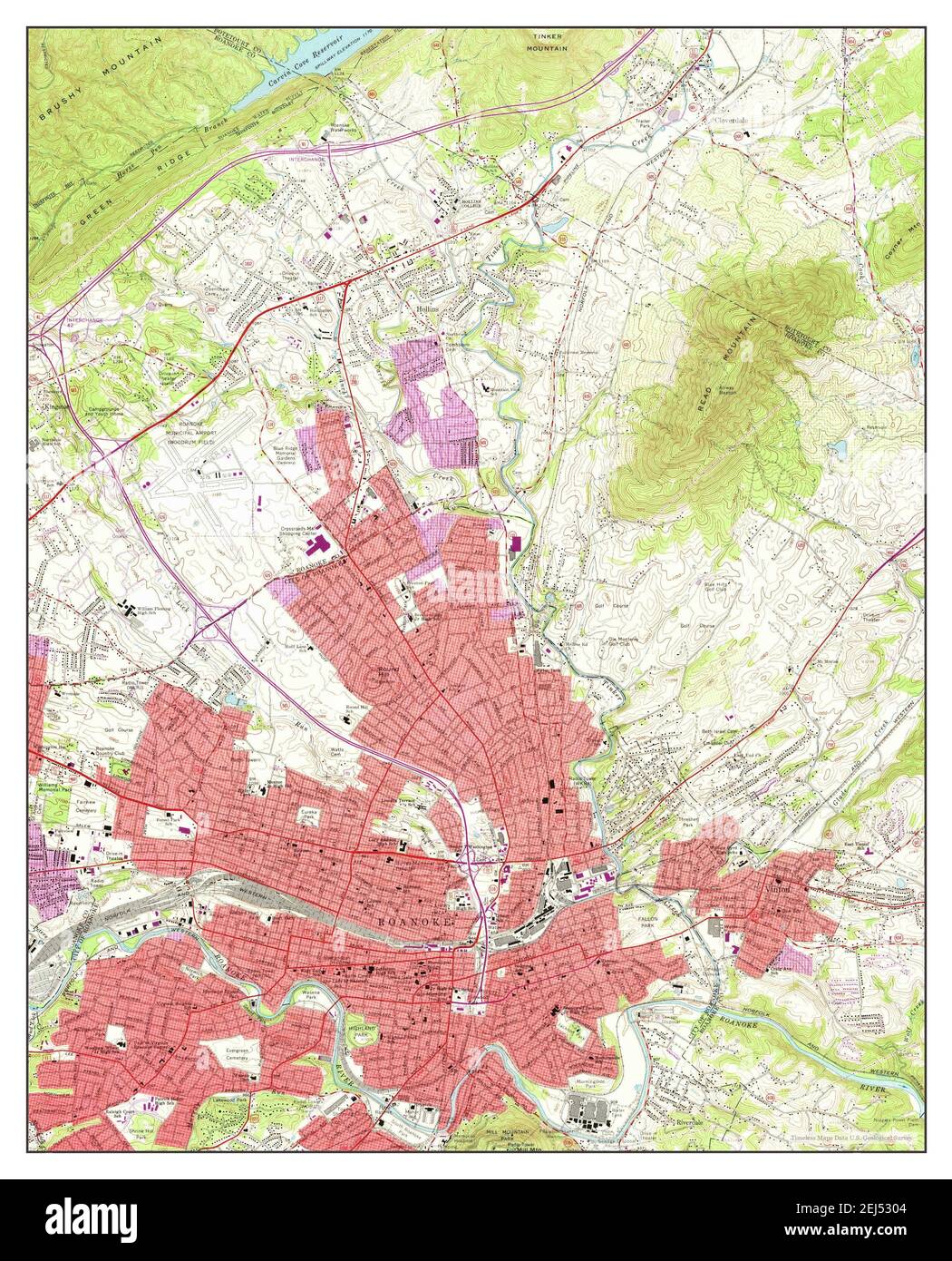 Roanoke, Virginie, carte 1963, 1:24000, États-Unis d'Amérique par Timeless Maps, données U.S. Geological Survey Banque D'Images