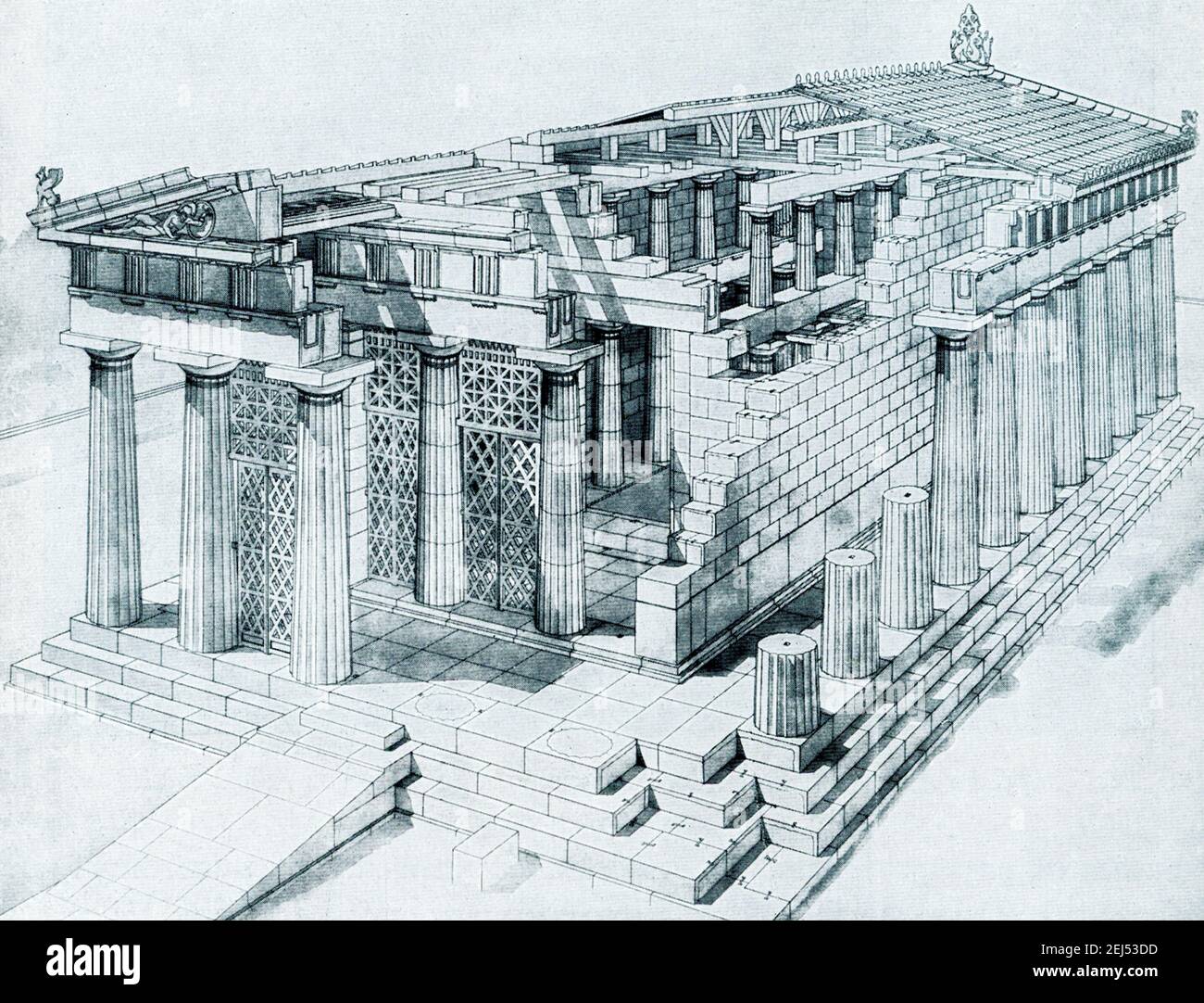 Cette esquisse montre le Temple d'Aphaia à Aegina au début du 5ème siècle avant J.-C. Il est basé sur le sdrawing de Furtwangler-Fiechter. Le Temple d'Athena Aphaia à Aegina: Le Temple d'Aphaia été dédié à la déesse Athéna et est situé sur l'île d'Aegina, au sommet d'une colline. C'est l'une des merveilles architecturales anciennes de la Grèce antique. Il a été construit en 480 av. J.-C. et 25 des 32 colonnes doriques d'origine sont encore debout en raison de la compétence des restaurateurs. Il est situé dans un complexe Sanctuaire à Aegina à environ 13 km à l'est du port principal. Banque D'Images