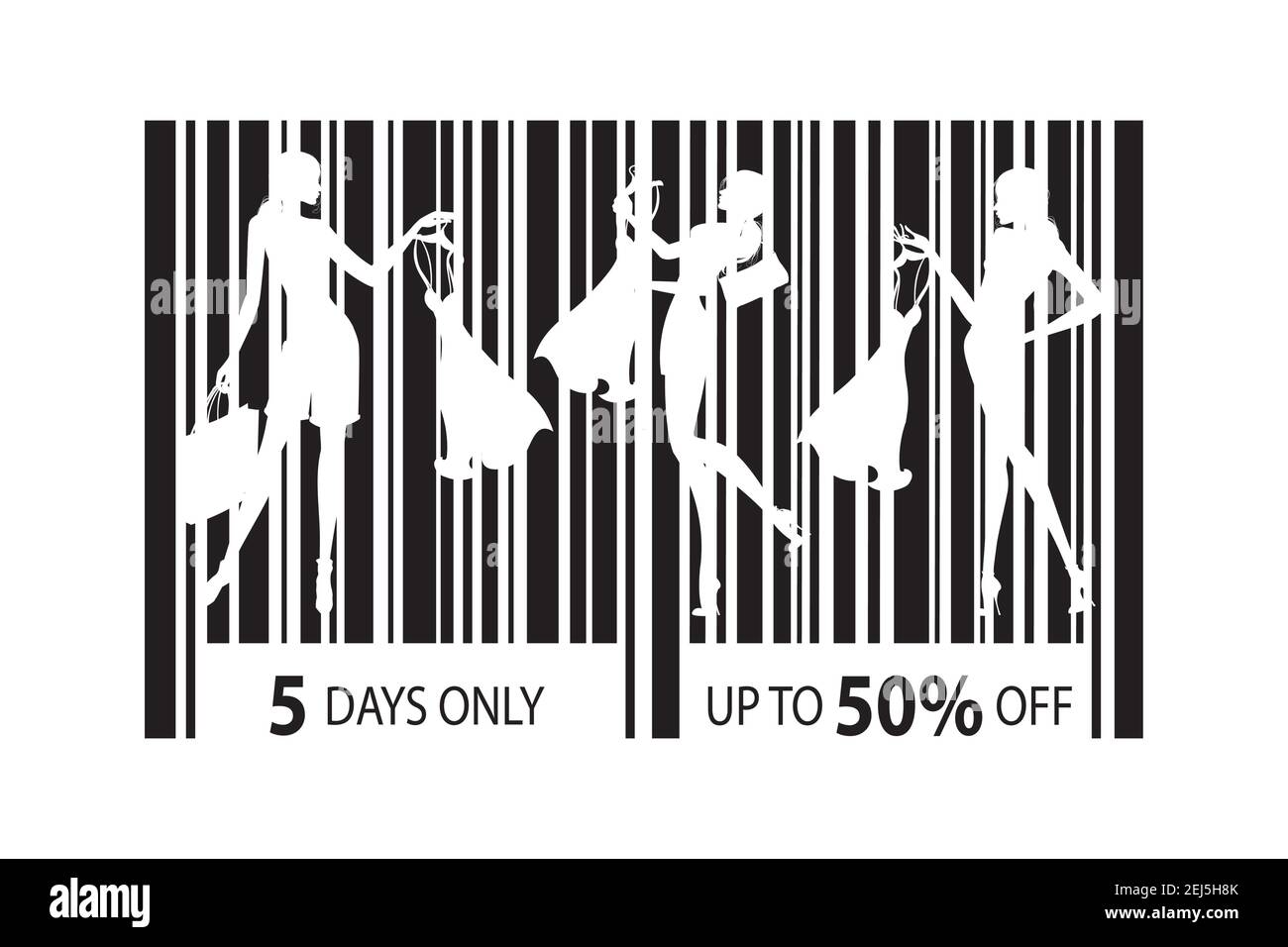 Icône de code à barres avec silhouettes de femmes avec des sacs de shopping et de la robe, le shopping et le concept de vente, isolé sur fond blanc, illustration de vecteur de stock. Illustration de Vecteur