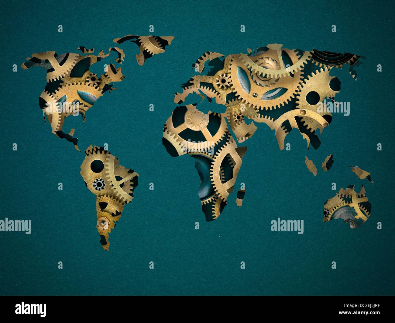 Carte du monde abstraite faite à partir de découpes de papier bleu fûts et engrenages en arrière-plan Banque D'Images