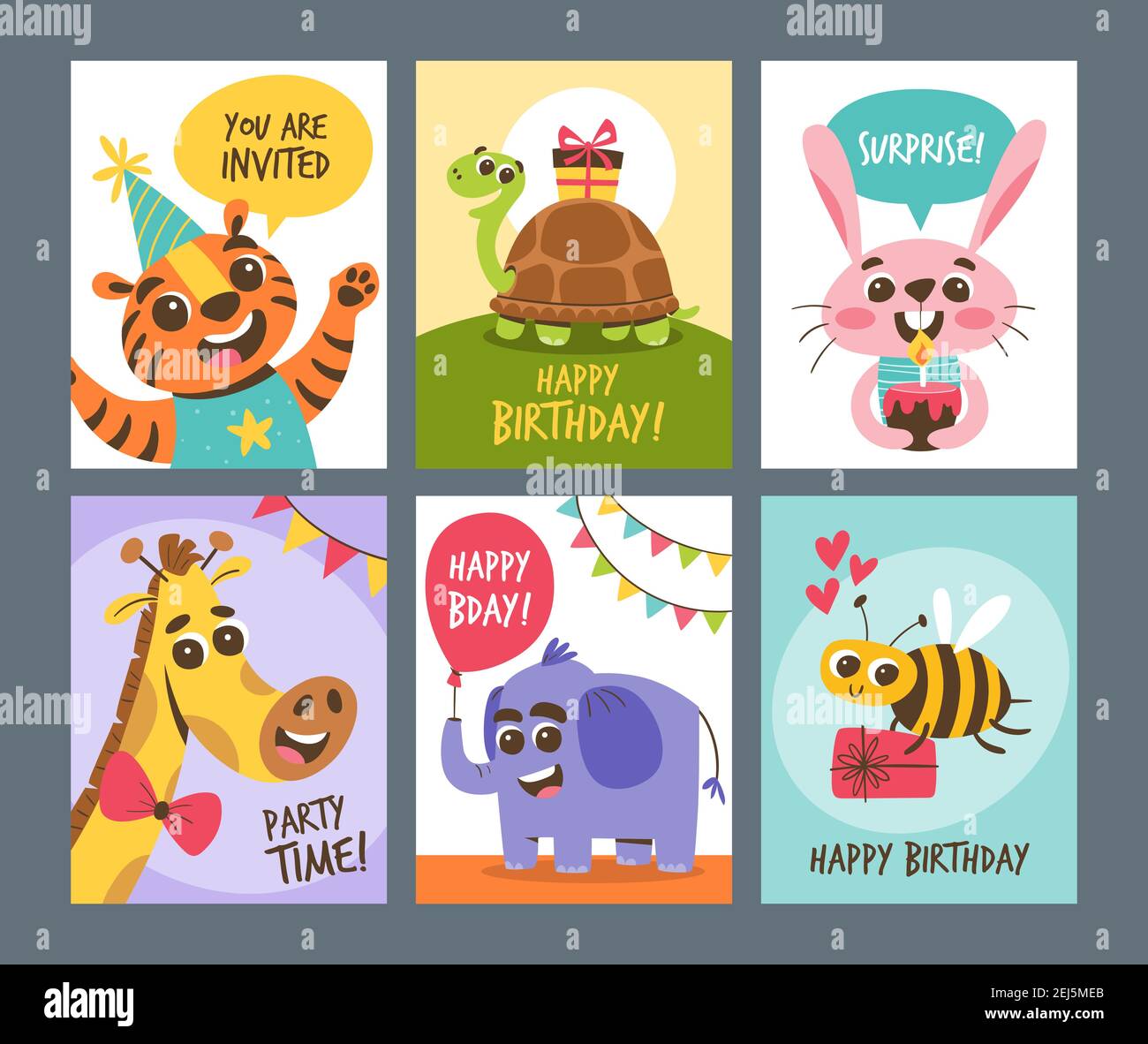 Cartes animaux mignons. Collection de cartes d'anniversaire, idéale pour les voeux et les invitations. Joli motif animal de bande dessinée. Illustration de Vecteur