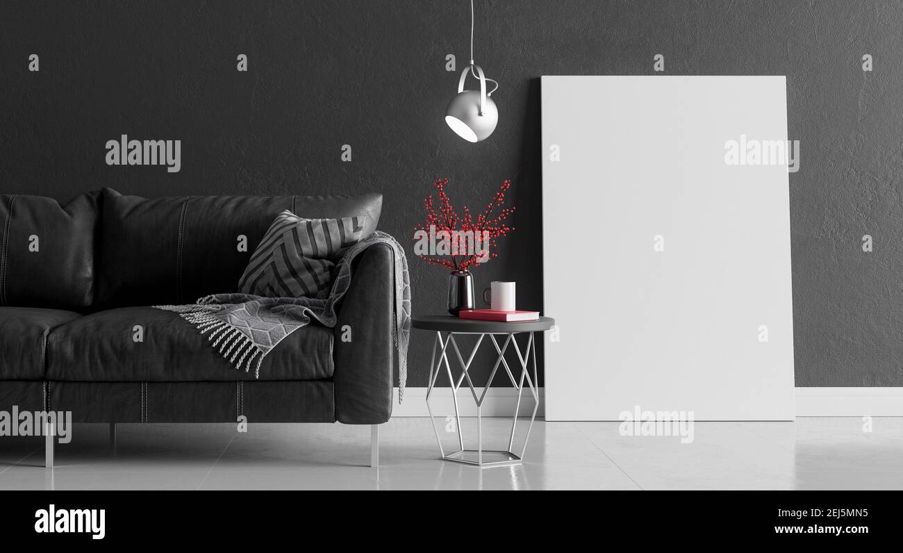 Salon maquette avec mur en béton gris et mobilier moderne, design intérieur minimaliste, rendu 3d, illustration 3d Banque D'Images