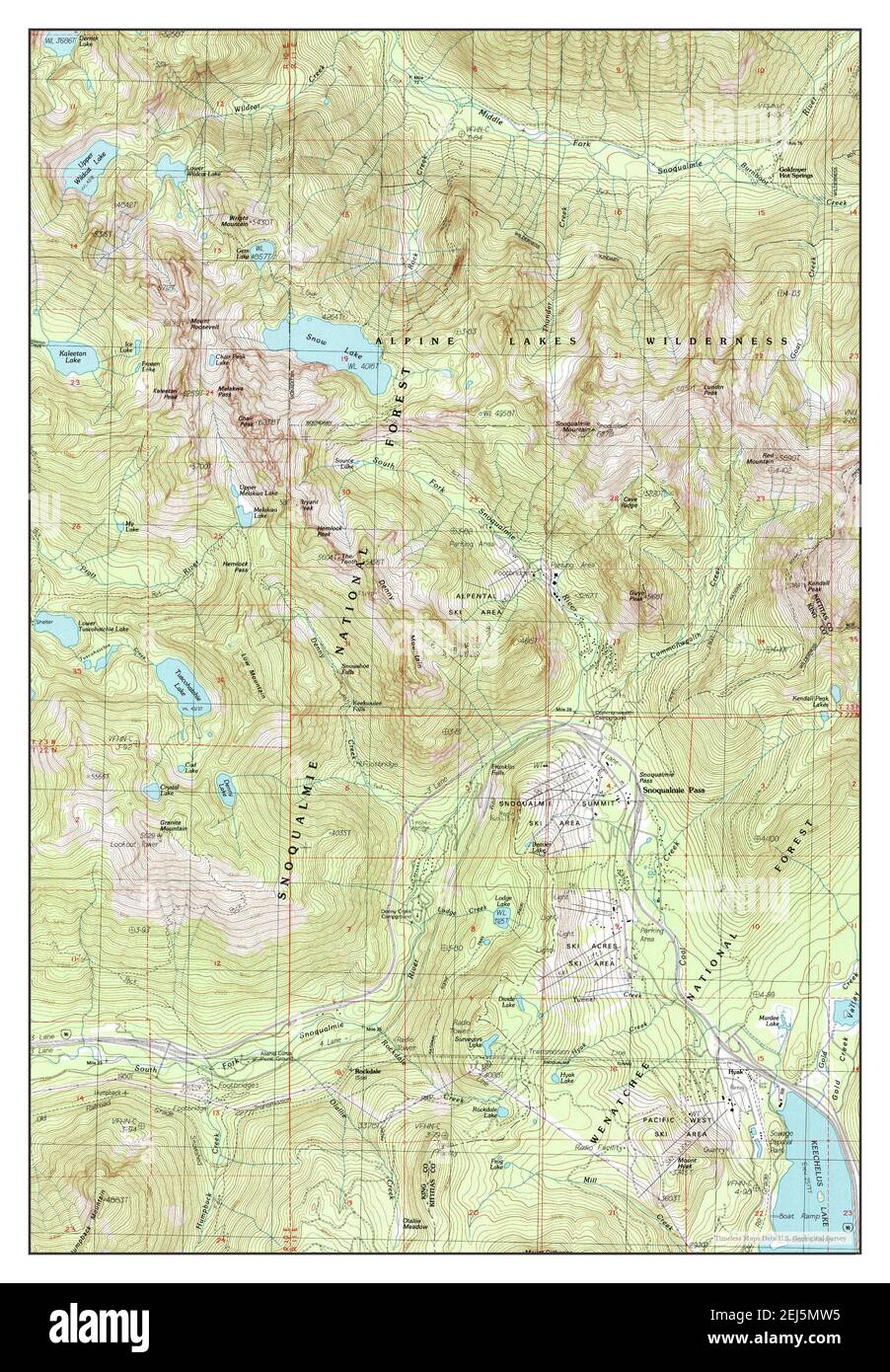 Snoqualmie Pass, Washington, carte 1989, 1:24000, Etats-Unis d'Amérique par Timeless Maps, données U.S. Geological Survey Banque D'Images